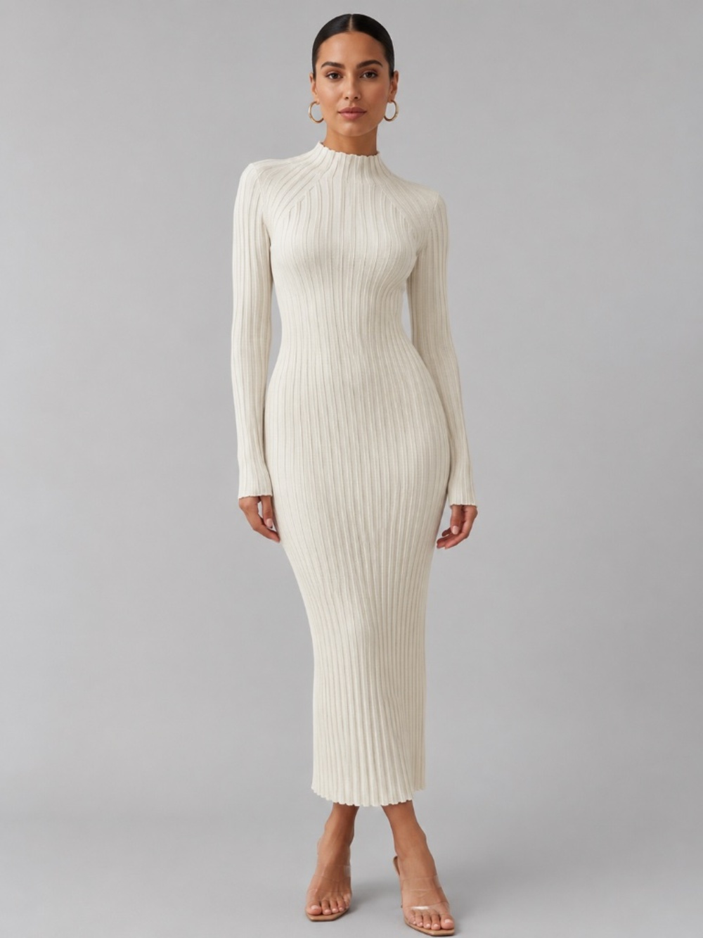 & Other Stories Sz M Ribbed Maxi Dress Cream Stretch Bodycon Minimalist Sleek